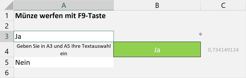 Bild der Excel-Tabelle zum Münze werfen.