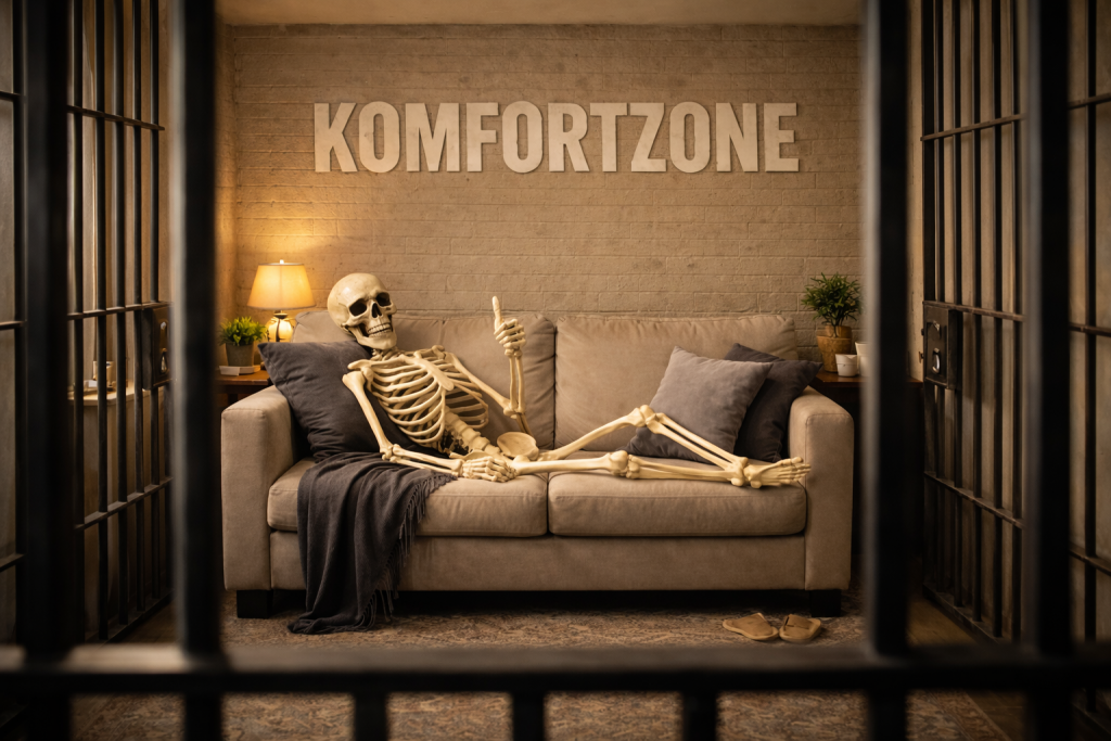 Komfortzone mit Skelet auf dem Sofa, das den Daumen hebt.