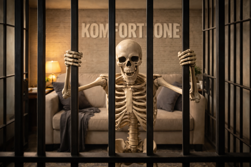 Komfortzone: ein Skelet versucht aus den Gittern auszubrechen.