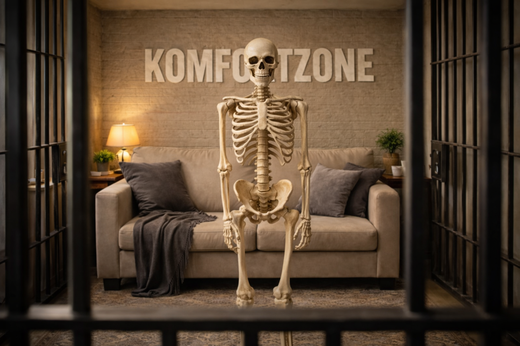 Komfortzone: Ein Skelet steht still im Raum