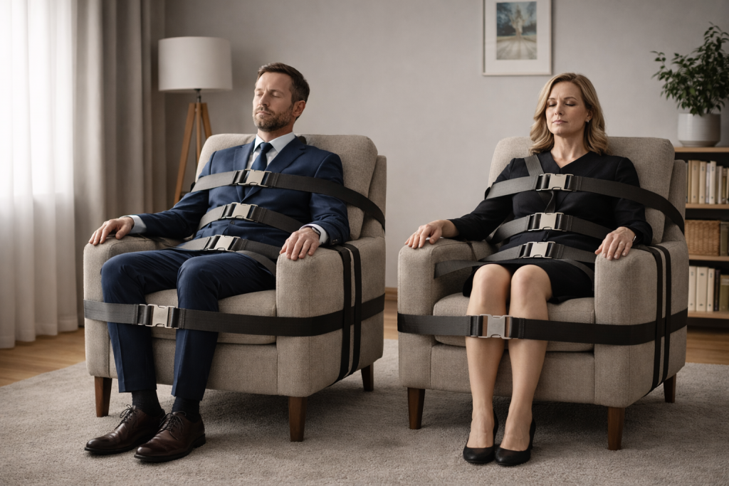 Mann und Frau sind entspannt mit Sicherheitsgurten an einem Sessel angeschnallt. 