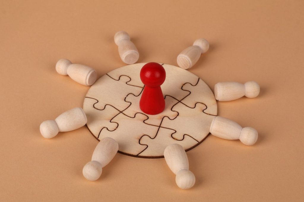 Wooden puzzle with a red pawn symbolizing leadership and teamwork dynamics.